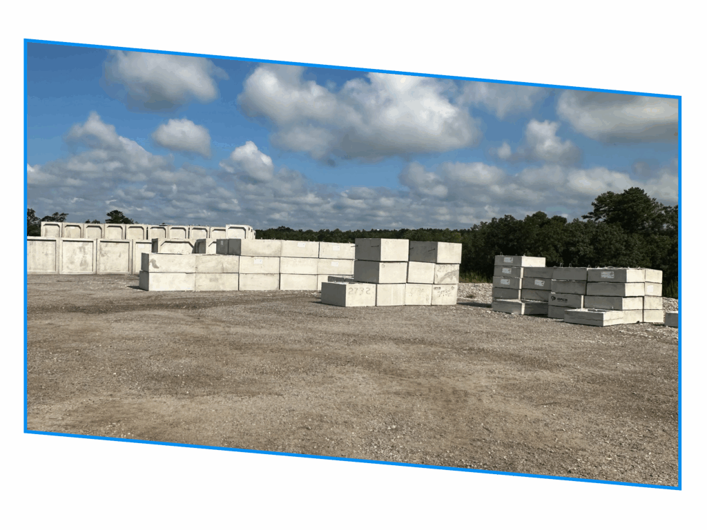 Stacks of large concrete blocks and concrete barriers on a gravel lot under a partly cloudy sky.