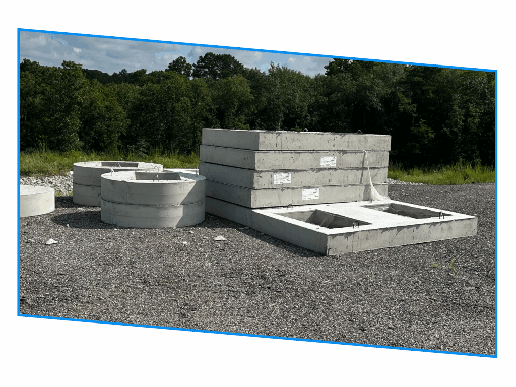 Concrete manhole covers and rectangular slabs stacked outdoors on gravel, with trees in the background.