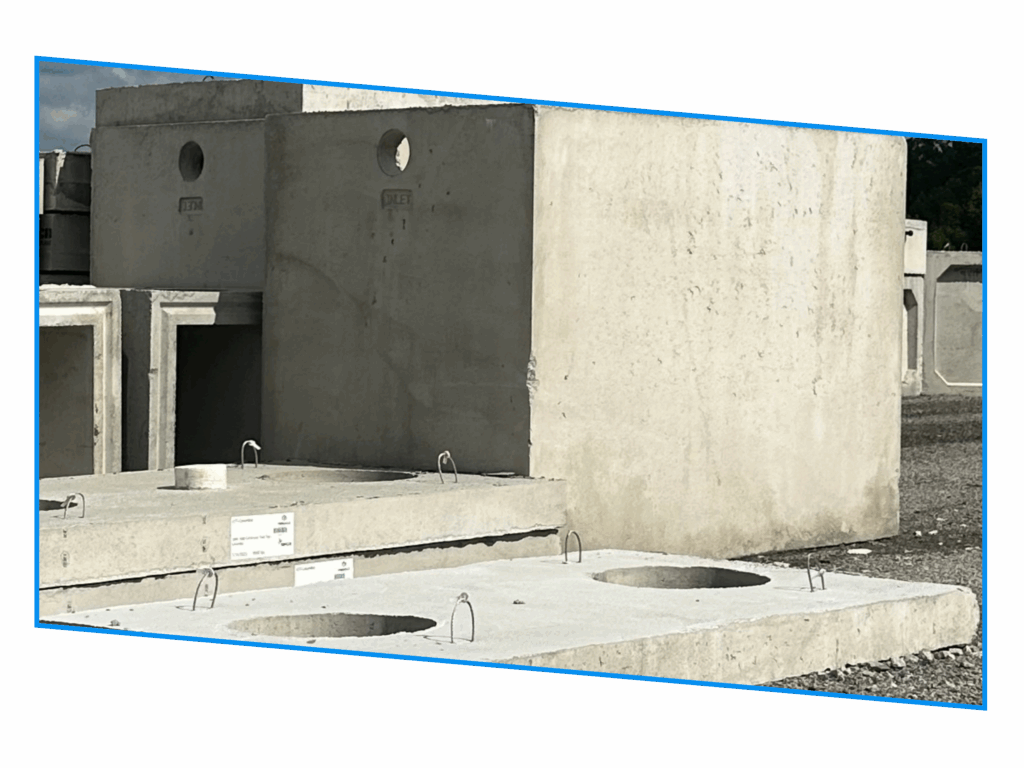Large concrete utility boxes and covers with circular holes, stacked outdoors on gravel.