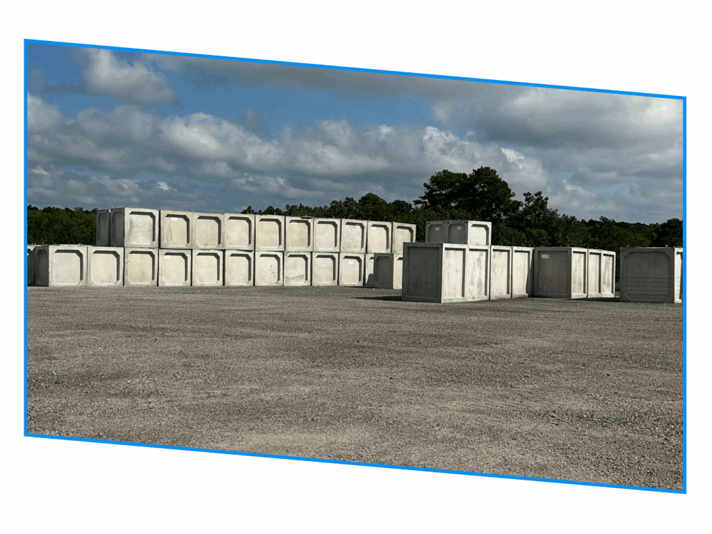 Stacks of large concrete blocks arranged outdoors on a gravel lot under a partly cloudy sky.