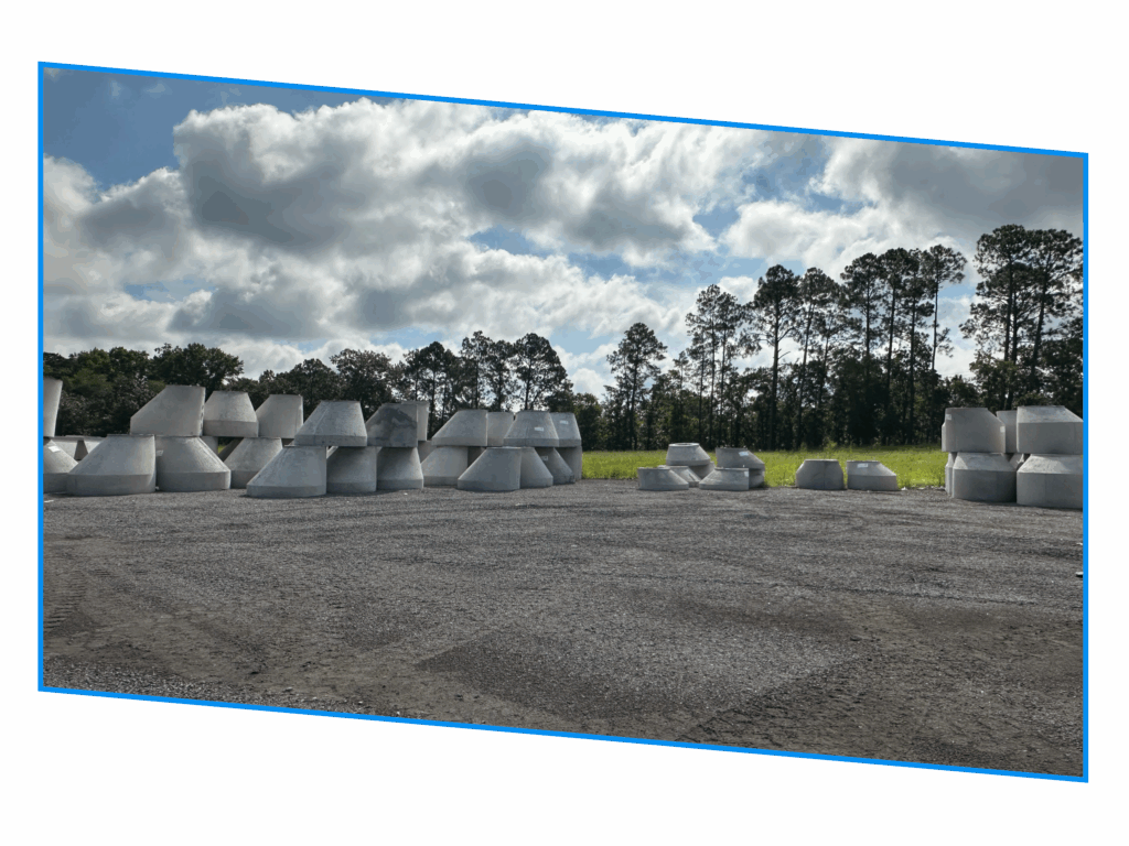 Large concrete structures stacked on gravel, with trees and a cloudy sky in the background.