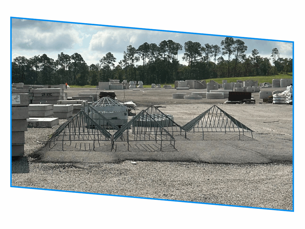 Metal pyramid-shaped frames sit on an asphalt lot with concrete blocks and trees in the background.