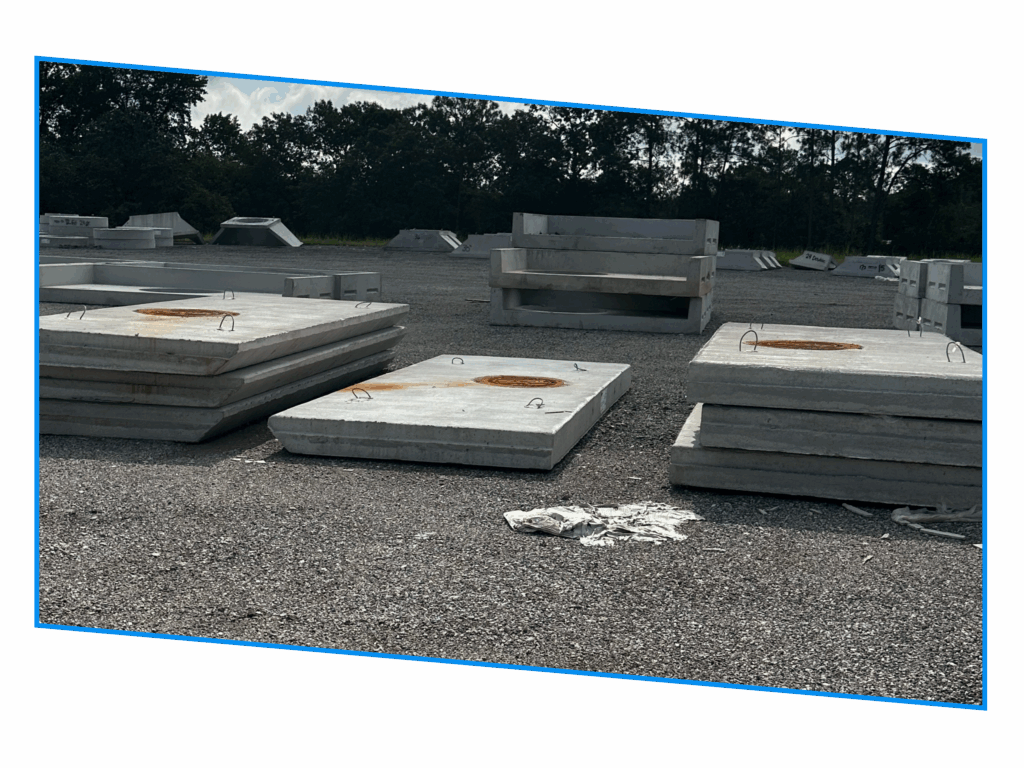 Large concrete slabs and blocks are stacked outdoors on a gravel lot, with trees in the background.